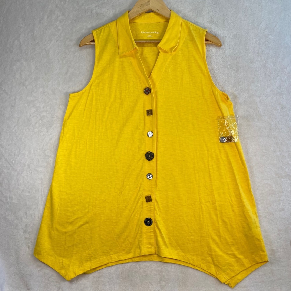 Soft Surroundings Danielle Button Down Sleeveless Top Unique Buttons Yellow L